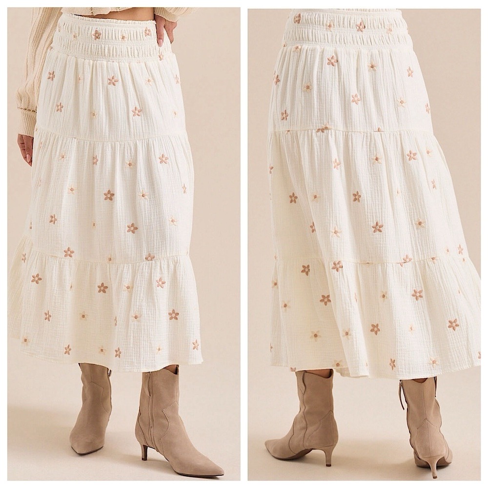 Arula Tired Midi‎ Skirt Womens Sz OX 12-14 Ivory Embroidered Floral Boho